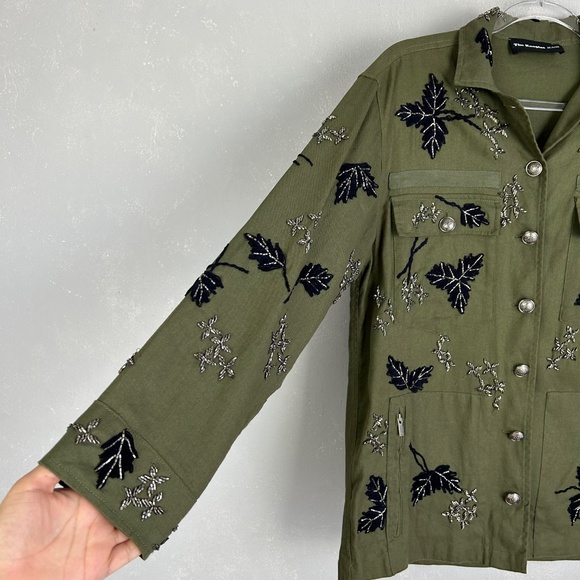 The Kooples women size M leaf embroidered jacket green 100% cotton beaded - Picture 4 of 15